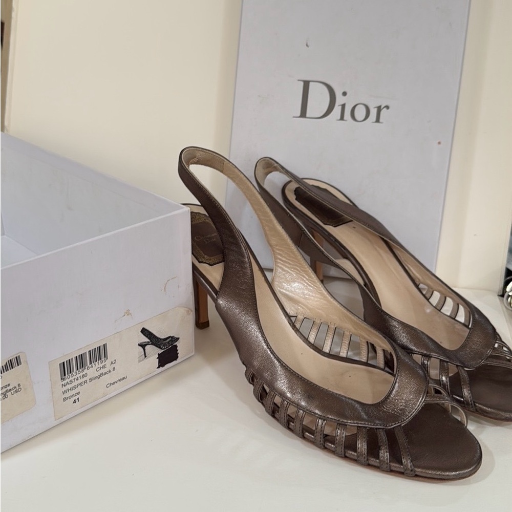 Christian Dior Bronze Stiletto Heels Sandals sling back size 41 made in Italy - Picture 2 of 16